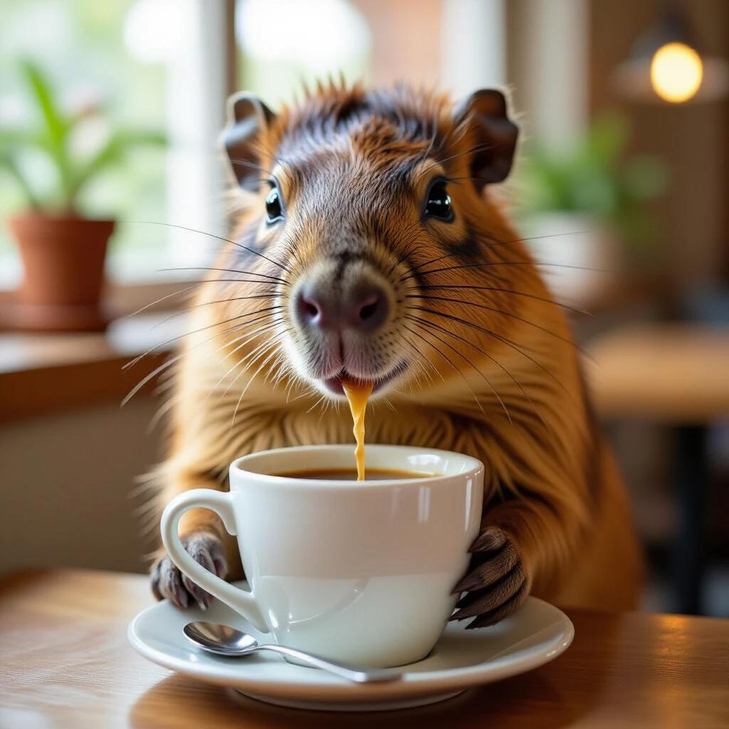 A capybara sitting comfortably at a café table. Capybara holds a white coffee cup with two front paws. Capybara looks pleased while sipping coffee from the cup. The background shows cozy indoor plants and soft lighting.