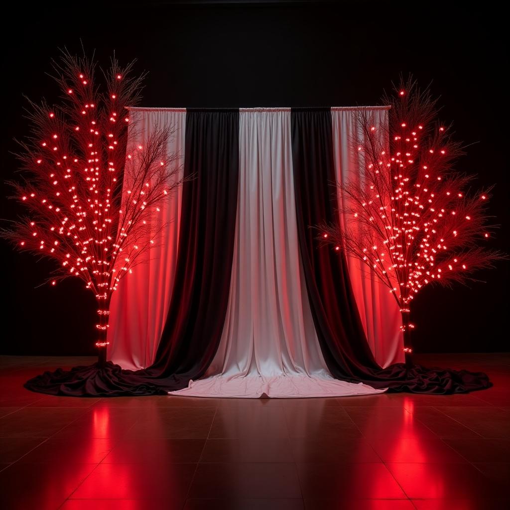 This image shows an elegant backdrop featuring black and white drapes. Two giant red LED trees frame the scene, enhancing the visual appeal. The setup is adorned with soft, dramatic lighting which highlights the textures of the drapes and the glow of the trees. It's perfect for events like photography sessions or weddings. The contrasting colors create a striking ambiance suitable for any elegant occasion.