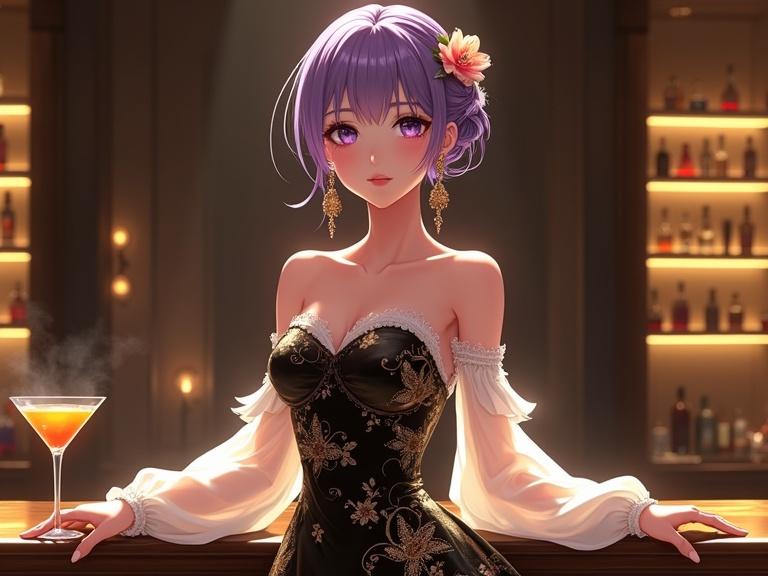 A stunning woman stands gracefully at a luxurious bar. She faces the viewer with an elegant yet confident expression. She wears a sleek black off-shoulder dress with intricate golden floral patterns. The dress has a glossy texture reflecting ambient lighting. The sheer white sleeves are open at the cuffs, adding a romantic touch. Her violet hair is styled in an elaborate updo with delicate flowers. Long refined earrings sparkle under soft lighting. A vibrant orange cocktail sits on the bar counter. The softly lit background features carefully placed bottles on minimal shelves.