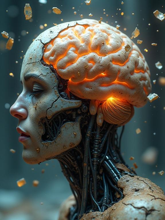 Surreal scene shows futuristic brain shedding organic exoskeleton. Outer layer cracks and peels revealing new glowing brain. Surrounded by a sterile lab or abstract void. Fragments of old structure float in air. Themes of evolution and transformation. High detail sci-fi concept art.