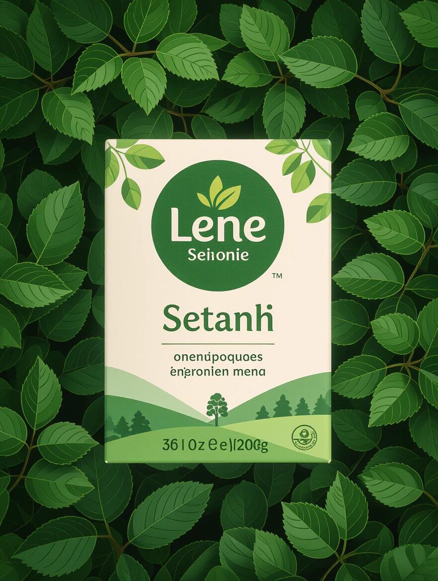 Image of a tea box named Setanh on a bed of green leaves. The perspective is from above. The box has a clean design with a logo and product details.