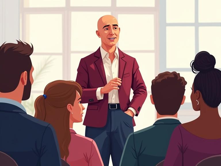 Illustration of a middle aged short bald man woman in smart casual attire standing in front of a small group in a community hall delivering a speech. The audience is diverse in ethnicity, age and gender. Cohesive colour palette features rich maroons and navy blues. Background is fully transparent.