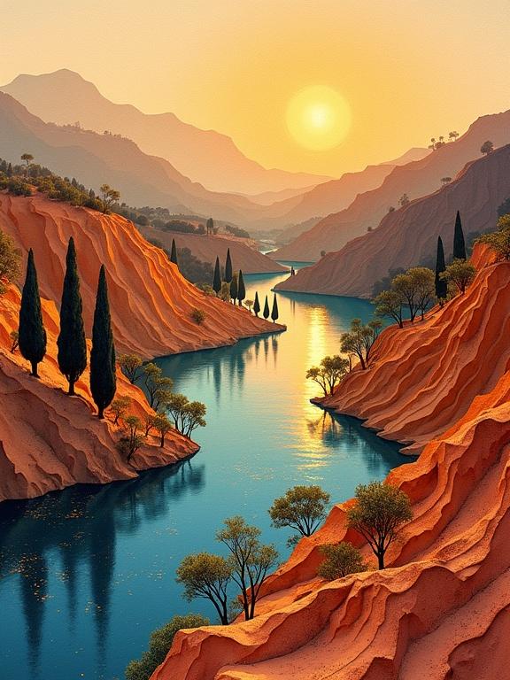 Luminous summer landscape inspired by Tuscany. Golden hour glow on ridged terrain. River in deep blue with gold flecks. Cypress trees and distant cliffs in ink sketches. Dry summer foliage in shades of sage and sienna. Distant hills in slate gray and muted violet under sky wash. Beautiful intricate details and soft dramatic lighting.