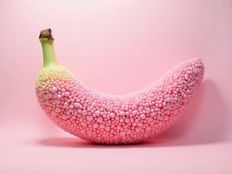 Canvas painting of a pink banana. Banana formed out of human shapes. Background is soft pink. The banana has a textured surface.