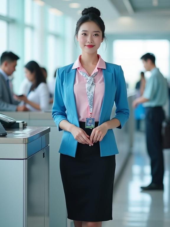 Mid-20s East Asian female airport ground staff in full body. Porcelain-white figure in uniform. Pastel-pink shirt tucked into black knee-length skirt with azure-blue blazer. White silk scarf tied beneath collar. Sheer black pantyhose and black low pumps. Lanyard with ID badge. Neatly bunned black hair with delicate makeup and friendly smile. Standing next to check-in kiosk, ready to assist passengers.