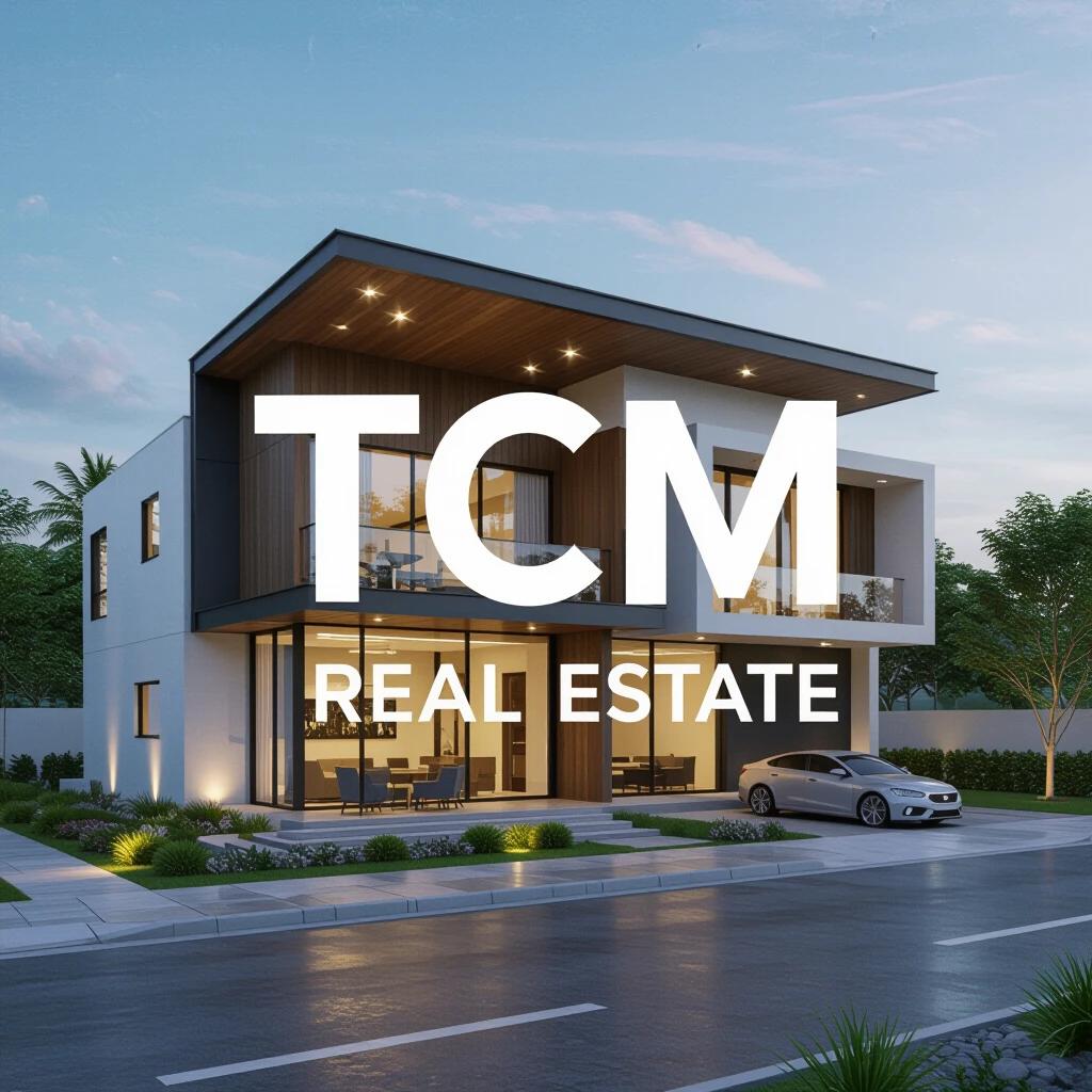 Modern real estate logo features TCM Real Estate in 3D style. High resolution showcasing a contemporary house design.