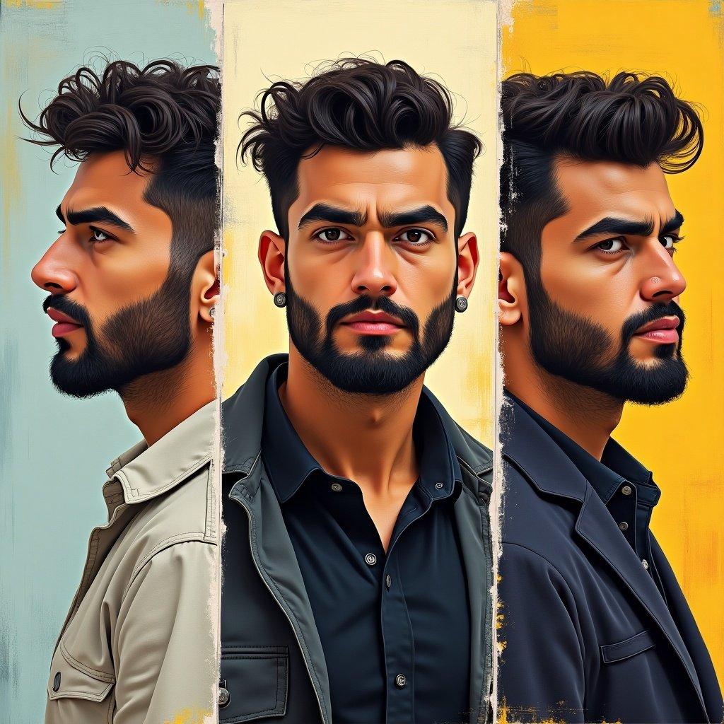 Portrait of a person divided into three sections. Each section features different colors in the background. The style is modern and artistic, focusing on personal expression.