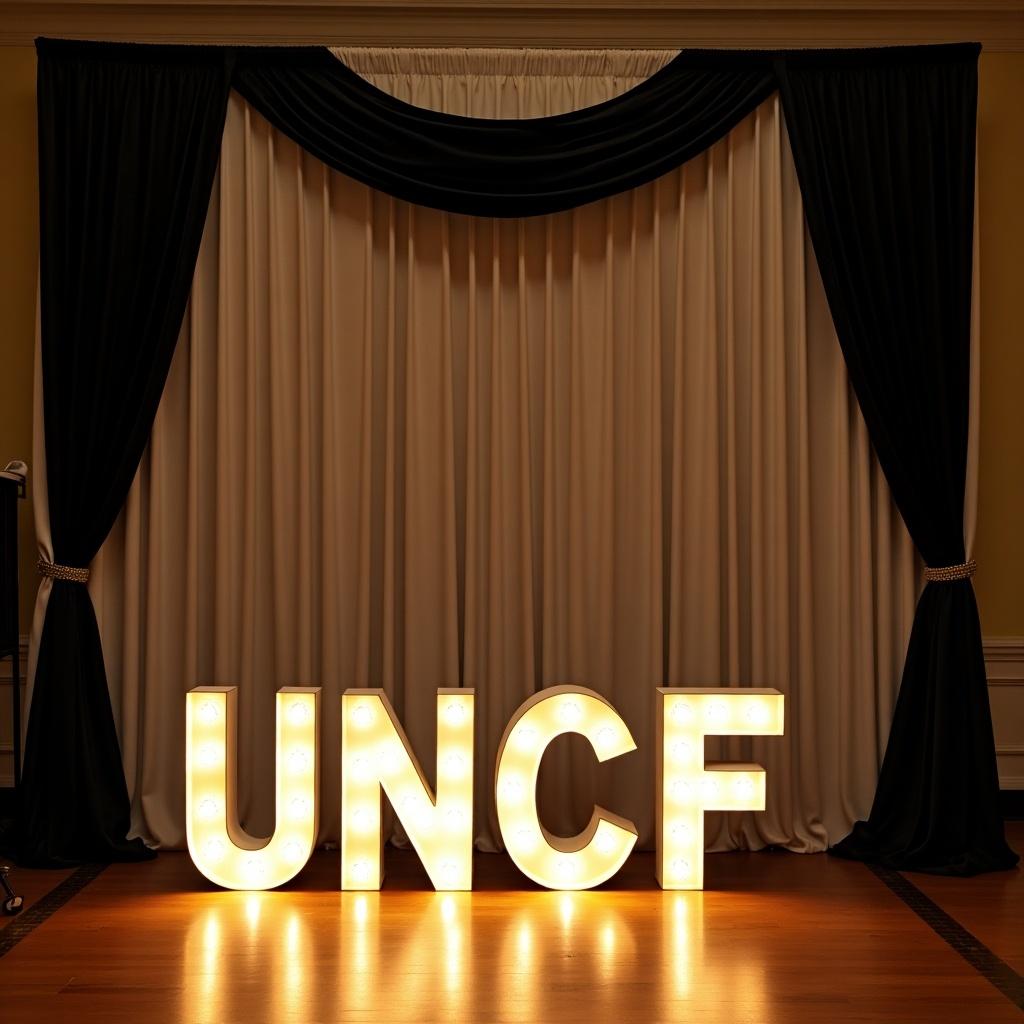 The image features a beautifully arranged backdrop with elegant black and white drapes. In front of the drapes, there stand large light-up letters spelling out 'UNCF'. The letters are brightly lit and create a warm ambiance against the dark backdrop. The setting seems perfect for a formal event or fundraising gala. The overall aesthetic is sophisticated and inviting, making it suitable for promotional photography.