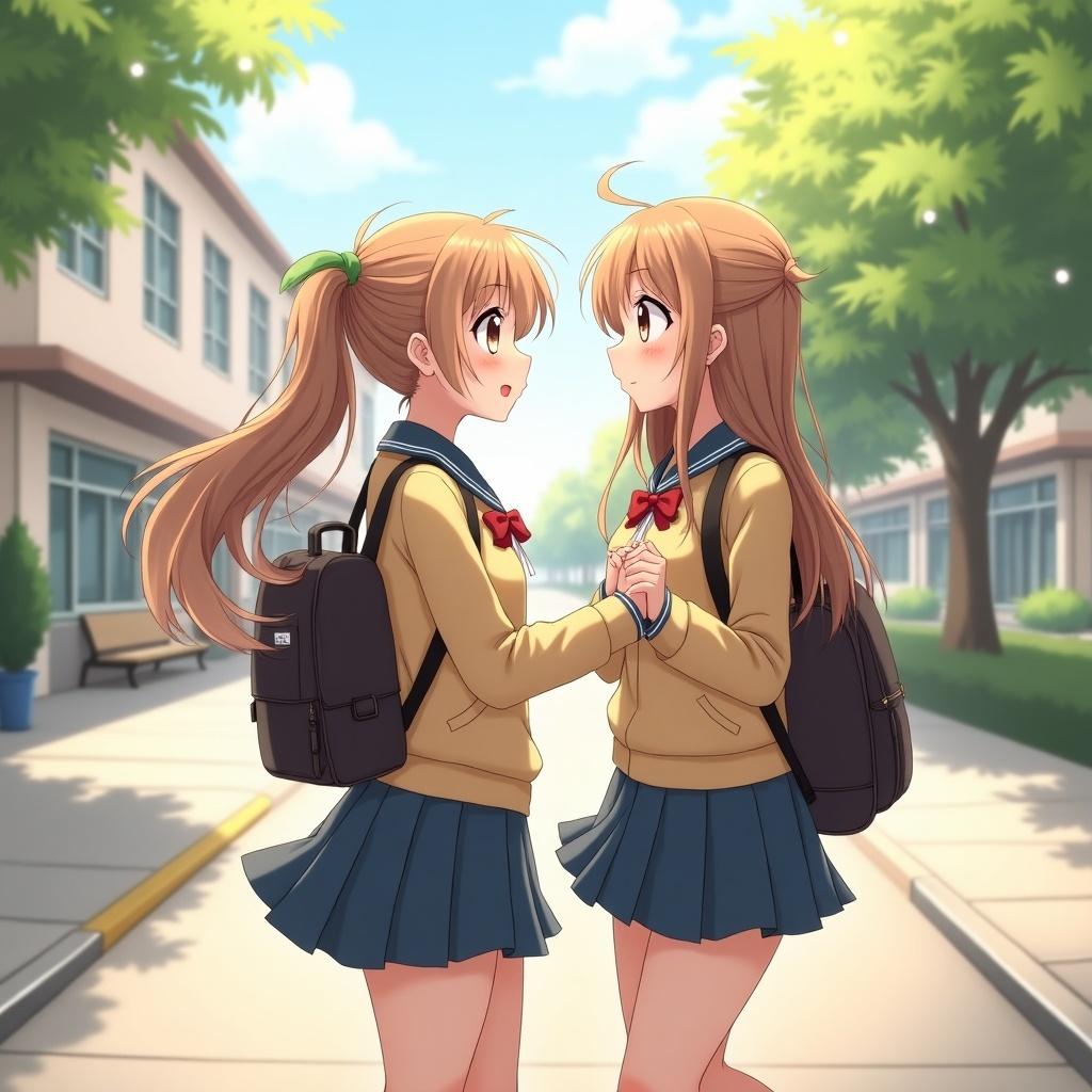 Two girls in school uniforms standing in a school courtyard. They are holding hands and blushing while looking into each other's eyes. A bright and cheerful atmosphere surrounds them. The setting is reminiscent of an anime romance story.