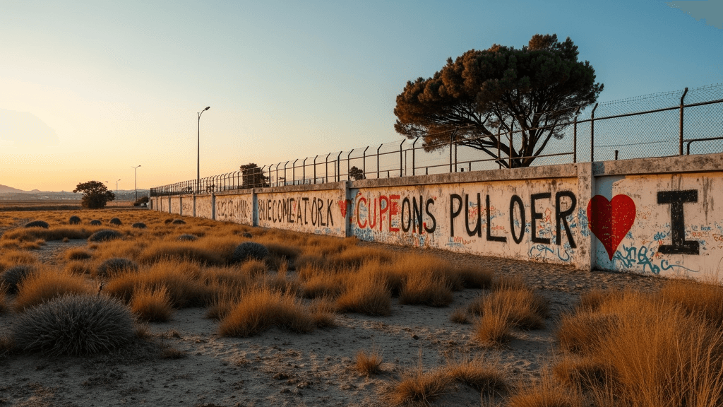 A graffiti-covered wall stretches across a barren landscape with dry grasses and a silhouetted tree at sunset.