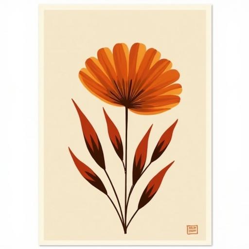 Botanical art featuring a burnt orange flower with elongated petals and dark green leaves. The background is a soft beige color. The overall design is modern and abstract with a mid-century aesthetic.