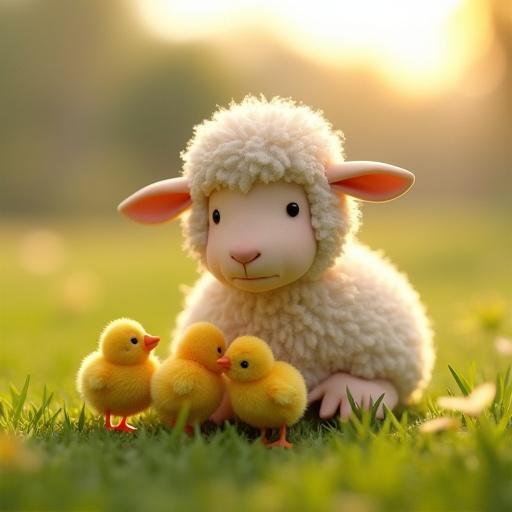 Fluffy white sheep sits on grassy field. She watches over four small yellow chicks huddled around her. Scene feels warm and peaceful. Soft morning sunlight enhances pastoral atmosphere. Style includes 3D claymation and whimsical character design.