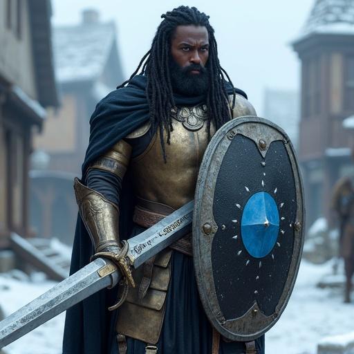Photorealistic depiction of an athletic man in a frozen medieval village. Man has long black dreadlocks, dark skin, and glowing blue eyes. Wears brass plate armor with a black silk cloak. Carries a large shield with a blue circle and white stars, and a shining silver sword engraved with 'Light of Cassander.'