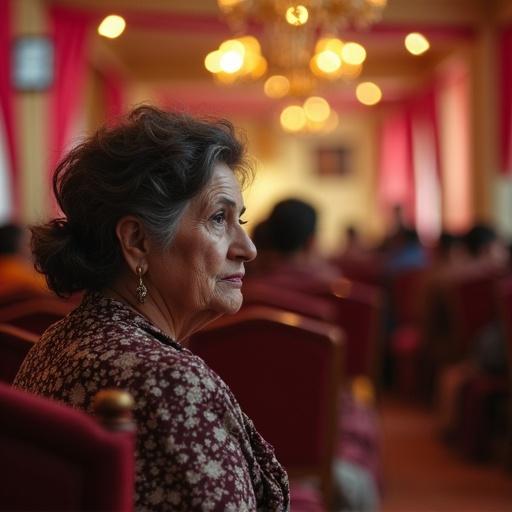 Woman in her 50s sitting quietly in a decorated wedding hall. Surrounded by celebration. Looking detached. Eyes distant. Expression filled with sadness. Mood contrasts with joy around. Sitting alone, lost in thought.