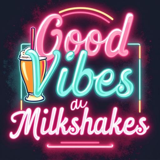 A retro diner-inspired t-shirt design with a vibrant neon sign featuring a milkshake and jukebox. Text reads 'Good Vibes & Milkshakes' in a bold, retro diner font, with white and pink colors. The design has a transparent background and a slightly distressed texture. High-resolution and optimized for printing.