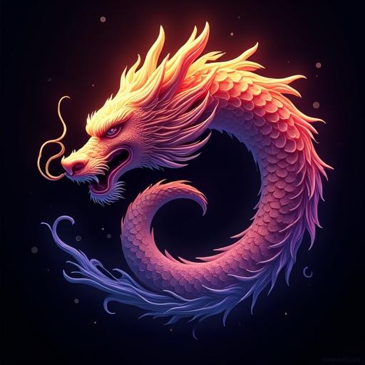 Highly detailed oriental dragon in realistic 3D vector style. Spiraled shape with a long segmented body. The tail forms a deep spiral vortex at the center. Traditional dragon features like a majestic head with whiskers and an elongated body. Mystic color palette includes deep purple, bright violet, radiant gold, and white highlights. Background is completely black for contrast. Style is vector, spiritual, and symbolic, with a mystical and powerful atmosphere. Logo intended for high resolution at 500 x 500.