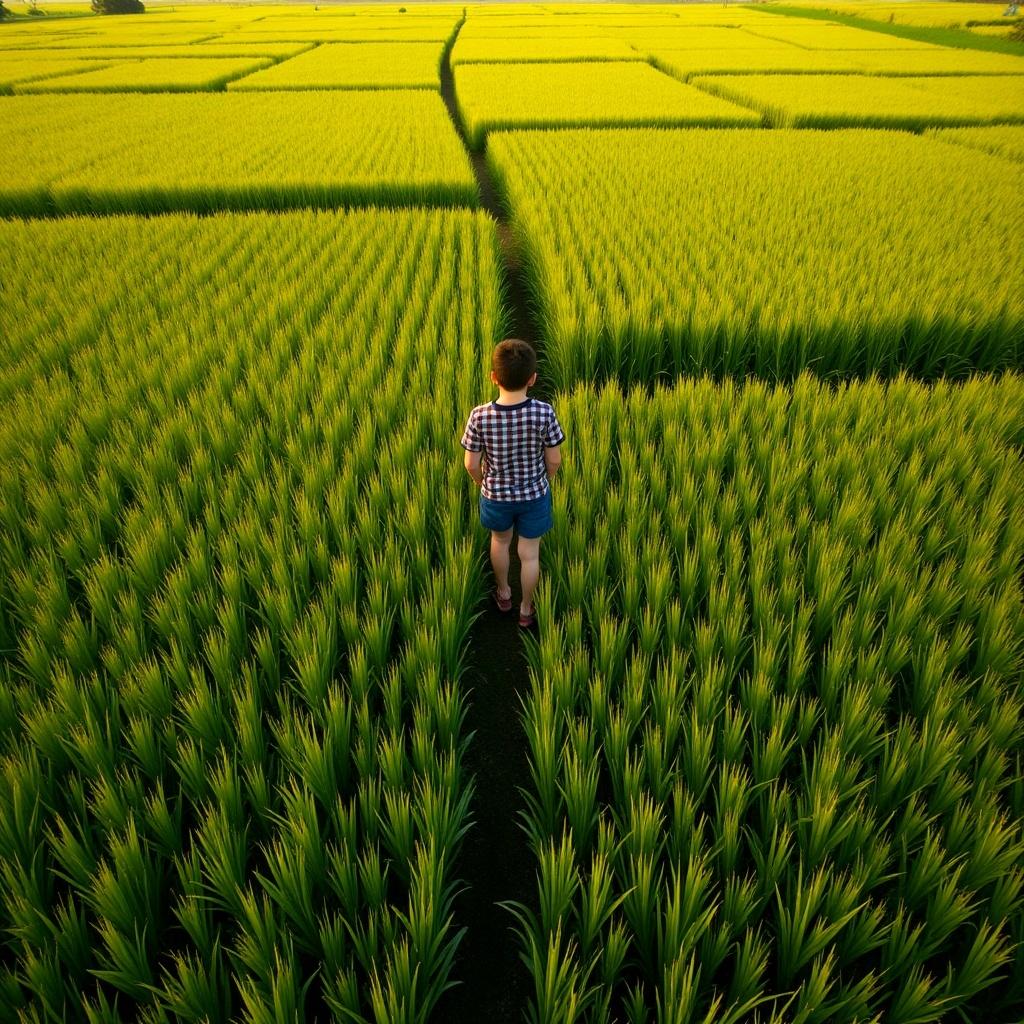 Young person strolls through green rice fields. Surrounded by golden stalks. Overhead view captures plant patterns. Individual appears small among crops. Sunlight creates shadows and depth.