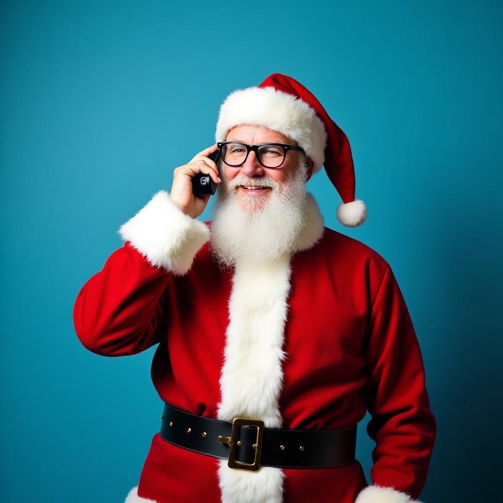 Santa in festive attire stands against a blue background. He holds a phone as if making a call. The scene exudes a cheerful holiday spirit.