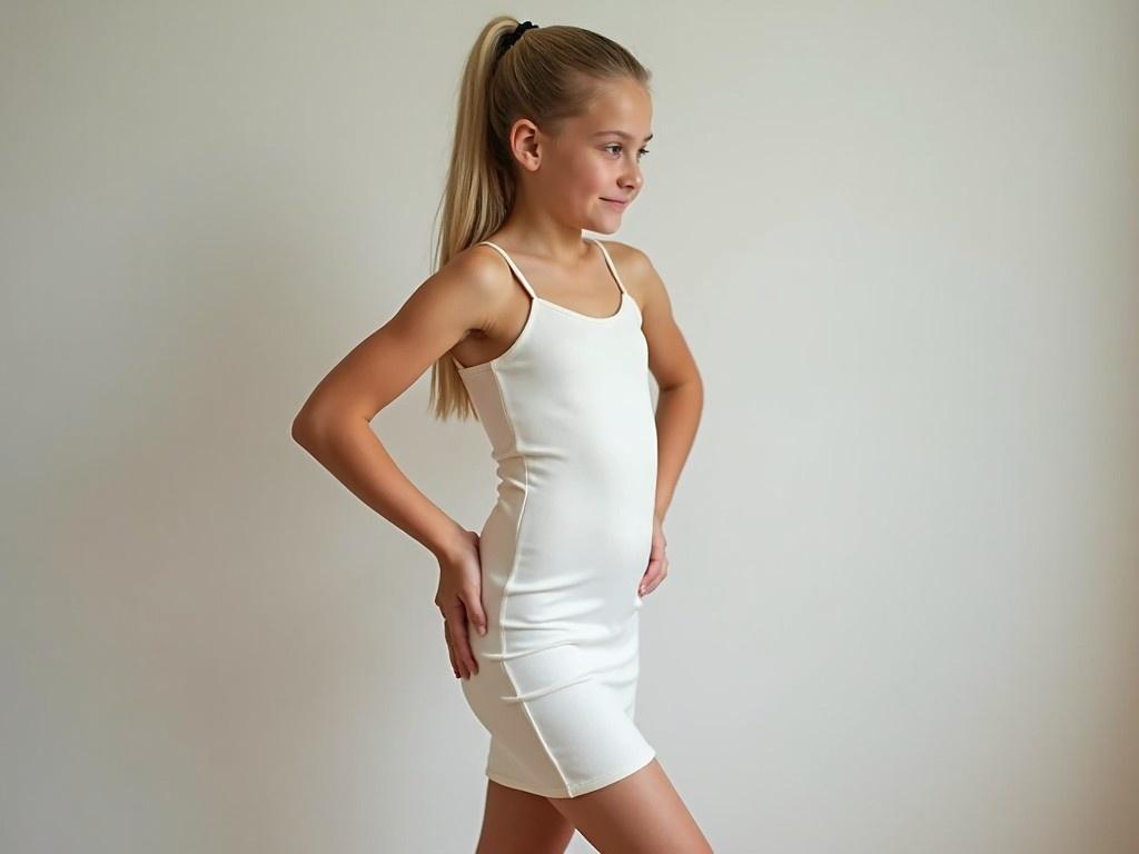 The image depicts a young girl with long, flowing hair tied in a ponytail, wearing a white two-piece outfit. She is standing outdoors, turning slightly and smiling softly. The background suggests an urban setting with buildings and greenery, giving a relaxed and summery atmosphere.