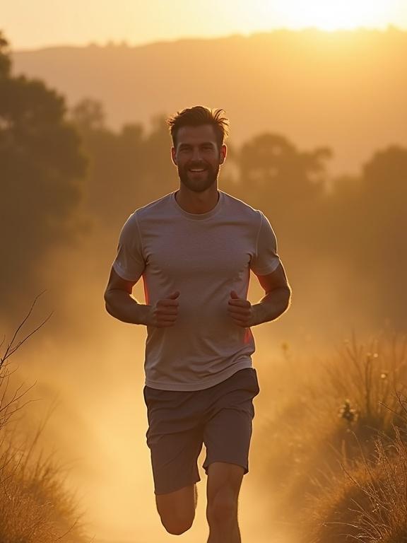 Adult man training outdoors. Running on a dirt path. Natural background. Sportswear. Morning light. Relaxed and active expression.