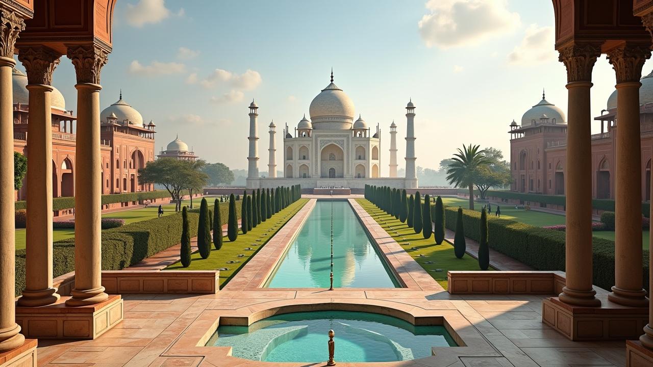 Grandoise view of a palace with ornate structures and a central water feature. Lush gardens and symmetrical pathways lead to the iconic Taj Mahal. The scene is illuminated by golden sunlight, creating a serene atmosphere.