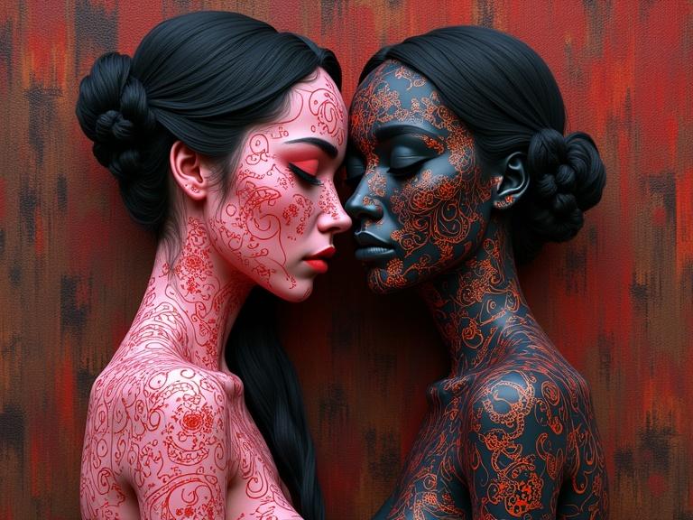 Nude family pose featuring two figures with contrasting skin tones and intricate patterns. Shades of pink and black dominate their bodies. Background features brown and red tones. Influence of Harlem Renaissance with surreal elements. Highly detailed artistic interpretation.