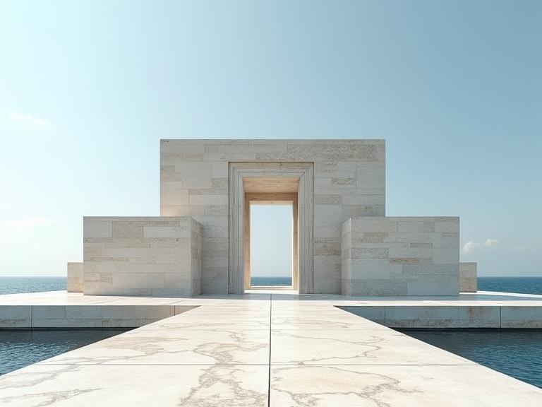 An architectural structure stands isolated near the ocean. The building made of stone slabs features sharp angles and a large central opening. The view is under a clear blue sky. Marble materials give the structure a grand appearance. The layout has horizontal elements that blend with the serene backdrop of the sea.