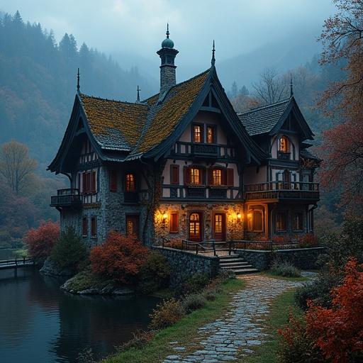 Ornate Swiss Chalet with moss-covered roof. Nestled in foggy autumn mountains. Nighttime scene with dark background. Wooden bridge crossing over pond. Stone well beside Chalet with pump. Vines creeping up walls in a hyper-realistic style.