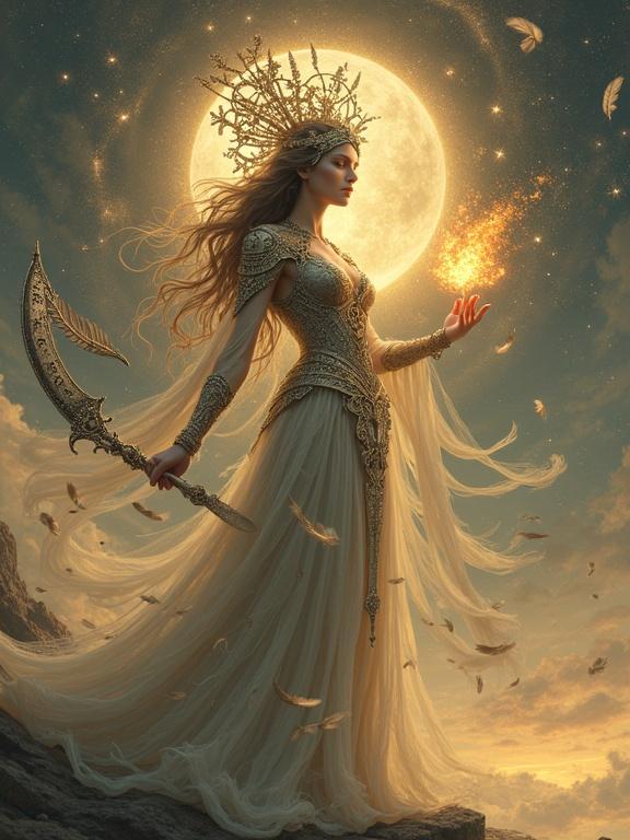 A goddess stands in defiance of time. She wears a halo made of shattered clock gears and broken timepieces. In her left hand, a floating fire shaped like a newborn star. Her right arm is armored with fragments of a broken scythe. Soft ash-gray feathers fall around her. The background is cosmic, a sky of muted gold and void-black swirl pierced by constellations.