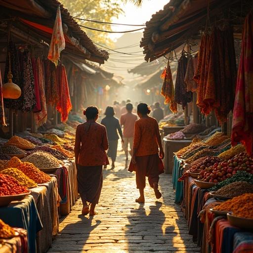 Vibrant traditional Indonesian market scene. Vendors sell colorful spices fresh fruits handcrafted batik textiles. Warm golden hour light highlights the activity.