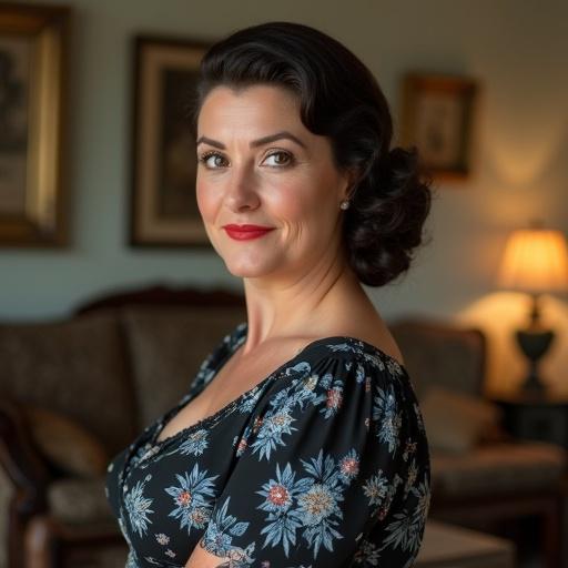 Charming housewife posed in vintage living room. Close-up portrait highlights 1950's hairstyle with big red lips. Woman wears black and blue floral dress. Side view showcases slightly closed eyes and subtle smile. Warm indoor lighting adds to nostalgia.
