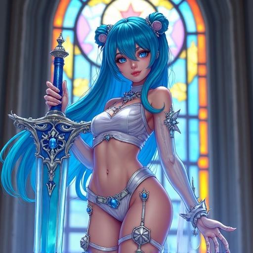 Stylized anime-inspired woman with vibrant blue hair. Transparent skeletal-patterned outfit. Clear armor. Holding a large ornate crystal sword. Colorful stained glass backdrop.