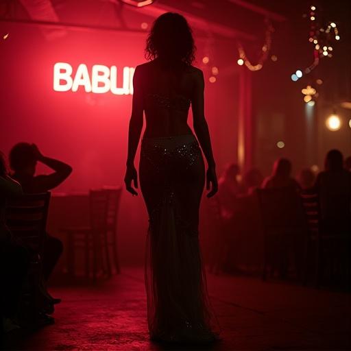 Dim nightclub scene with an exotic dancer silhouetted against a neon sign. Her silk gown pools at her feet. A blend of light and shadow creates a dramatic atmosphere. Moment captures vulnerability and performance.