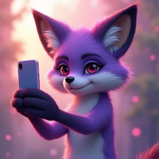 Attractive purple female furry fox character holds a smartphone while posing for a selfie. The design features vibrant colors and a whimsical style. The background has a dreamy atmosphere with soft pink and green hues.