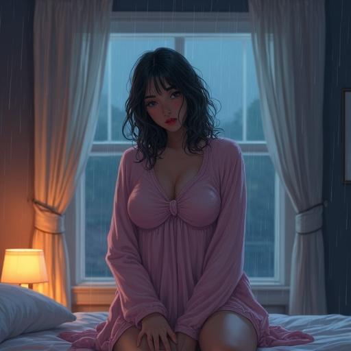 A girl in pajamas sits on a bed in a bedroom. Rain falls outside the window creating a moody atmosphere. She has a contemplative expression, with soft lighting illuminating her features.