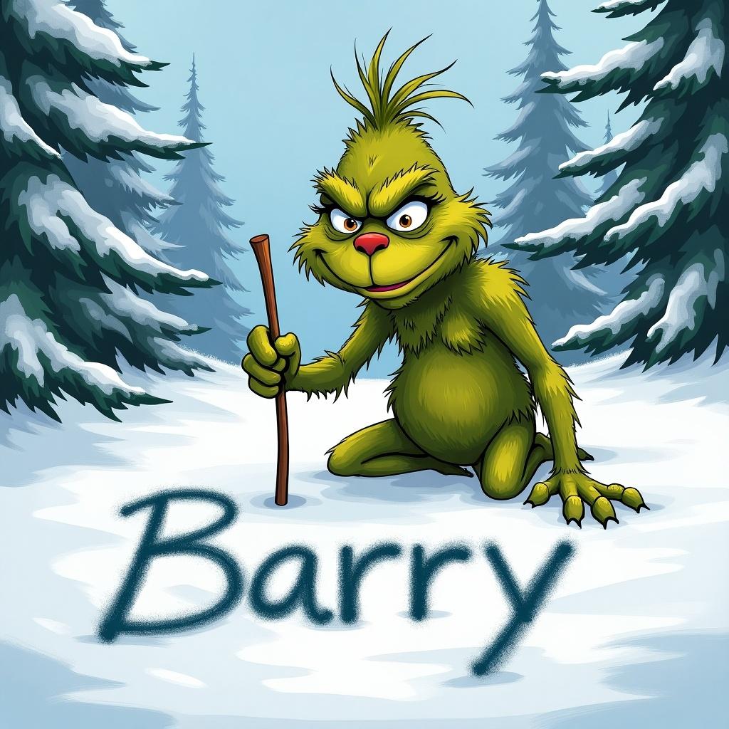 Grinch character writes Barry in the snow in a winter setting. Character is green and fluffy with a mischievous expression. Snowy background includes pine trees.