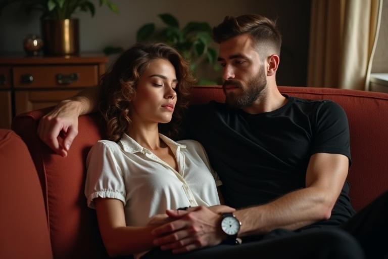 A couple seated on a brown sofa. The woman has closed eyes, dressed in a black outfit with a white short-sleeved shirt. The man sits at the edge of the sofa, arm draped over her and hand on her waist. He is handsome, wearing a rolled-up black shirt and black pants. Both are in a psychologist's office with masculine decor.