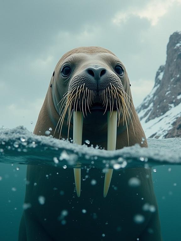 Walrus in the Arctic. Background features ice and snow. The walrus is half submerged in water. Focus on the animal's face and tusks.