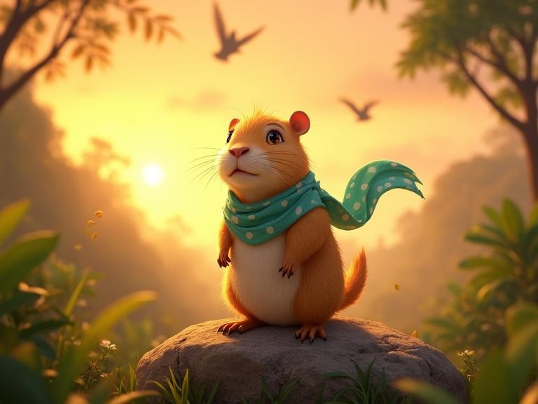 A small adorable capybara with golden-brown fur and hazel eyes stands on a rock. The capybara wears a teal scarf and has torn leaf wings. Young jungle animals cheer in the background. Birds fly overhead during sunrise.