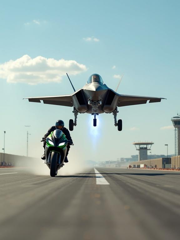 A hyper-realistic cinematic daytime scene of a head-to-head race between an F-35 Lightning II fighter jet and a Kawasaki Ninja H2R superbike on an open airstrip. Shot from a low dynamic angle at ground level emphasizes speed. The F-35 shows blue flames from the afterburner with heat distortion. The Kawasaki is matte black and green. Background includes timing towers and spectators. Motion blur from both jet and bike. High-budget action film look with crisp contrast and realism.
