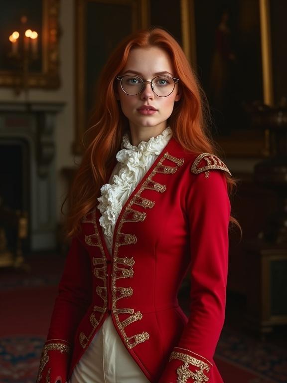 A young British woman, around 21 years old, wears a detailed Napoleonic Wars red uniform. She has long dark orange hair and green eyes, with glasses framing her thin red lips and freckles. The room is dark with fine carpets and portraits. Her uniform is intricate and protective, covering her completely. A white corset underneath adds structure, and off-white trousers complete the look. She carries a sheath at her side. The image captures her full body from head to boots in realistic style.