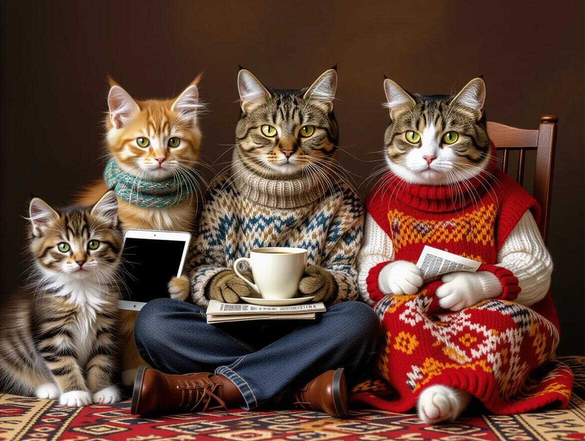 A portrait of cats representing generations sitting together. A kitten holds an iPad. A young cat has coffee and a laptop. A middle-aged cat reads a newspaper. An elderly cat knits. Each cat exhibits its generational style. The setting has a warm ambiance reminiscent of family gatherings. A mix of portrait photography and storytelling style. Highly detailed digital art, evoking emotions.