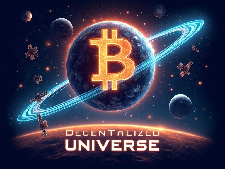 Create a high-impact graphic design for t-shirt featuring a giant glowing Bitcoin symbol orbiting a distant planet surrounded by satellites and asteroid belts. Include holographic blockchain nodes connected by neon-blue beams against a deep space backdrop filled with stars and galaxies. The phrase ‘Decentralized Universe’ in futuristic font below. Focus on cyberpunk and luminous color contrasts.