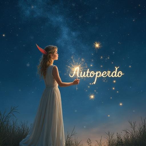 An elf in a white dress stands under a night sky. The elf uses a sparkler to write 'Autoperdão'. Stars sparkle around. The atmosphere is magical and whimsical.