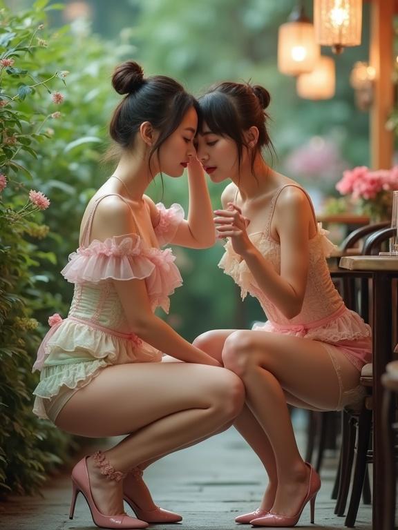 Full body shot of two young Chinese ladies Squatting together. Adorned in pastel-colored outfits. Corset tops with lace. Showing off floral elements and textures. Soft, natural light illuminating the scene. Surrounded by greenery in a vintage aesthetic.