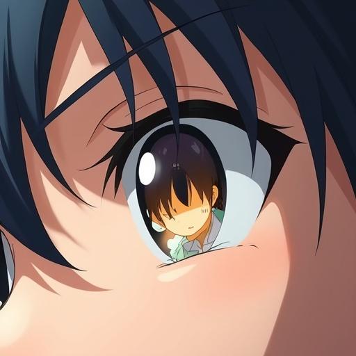 Close-up of a man's eye showing reflection. Half of his face is visible. Reflected in the eye are his younger and older versions. Younger self appears happy and innocent. Anime style.