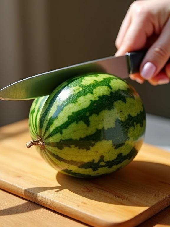 Hyper-realistic close-up photo. Sharp stainless steel knife slicing into a glossy green watermelon. Wooden cutting board in the background. Vivid translucent green skin with dark green stripes. Knife held by woman's hand with pink nail polish. Soft lighting highlights skin texture and nails. Blurred warm-toned background. Focus on watermelon and nails.