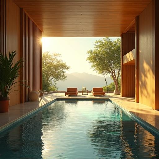 Futuristic modern luxurious mansion with a large onsen pool. Bright summer morning in Tokyo. Light gold and onyx black tones. Surrounding greenery visible through expansive windows.