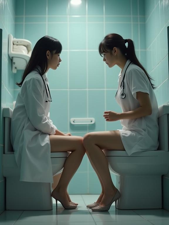 Ultra low angle shot of two women in a bathroom. One woman is a doctor wearing a stethoscope and heels. The doctor appears engaged in consultation with a patient. The atmosphere is enhanced by gentle light. Full body captured in the frame.