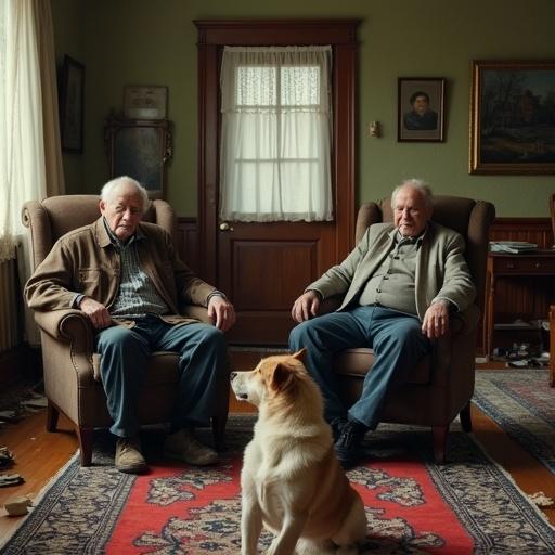 A detailed high resolution photo in a large room with two old men sitting in armchairs. The men look at the camera. In front of them on a carpet is a dog. The room looks messy.